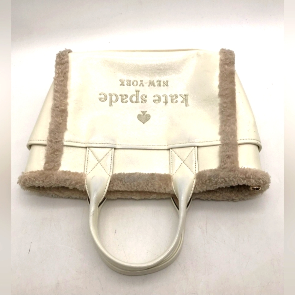 Kate Spade White Tan Jett Faux Fur Shearling Small Tote Purse Crossbody Bag - Picture 9 of 12